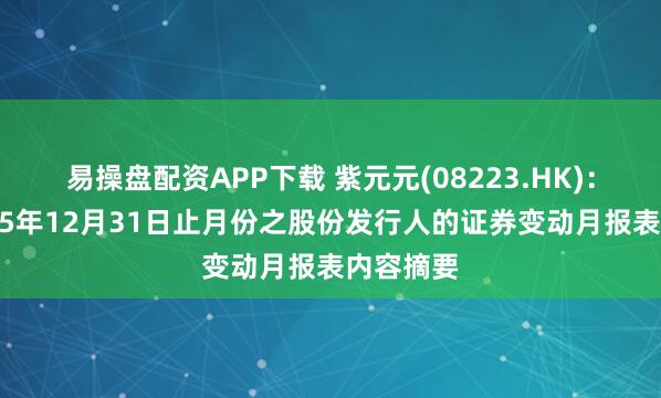 易操盘配资APP下载 紫元元(08223.HK)：截至2025年12月31日止月份之股份发行人的证券变动月报表内容摘要